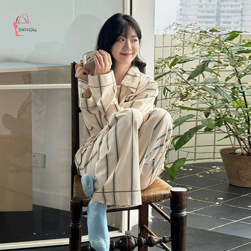ซงกิ ง่ายลายชุดนอนชุดผู้หญิง คาซี่ แขนยาวกางเกงบ้านเสื้อผ้าสูท พีคิว