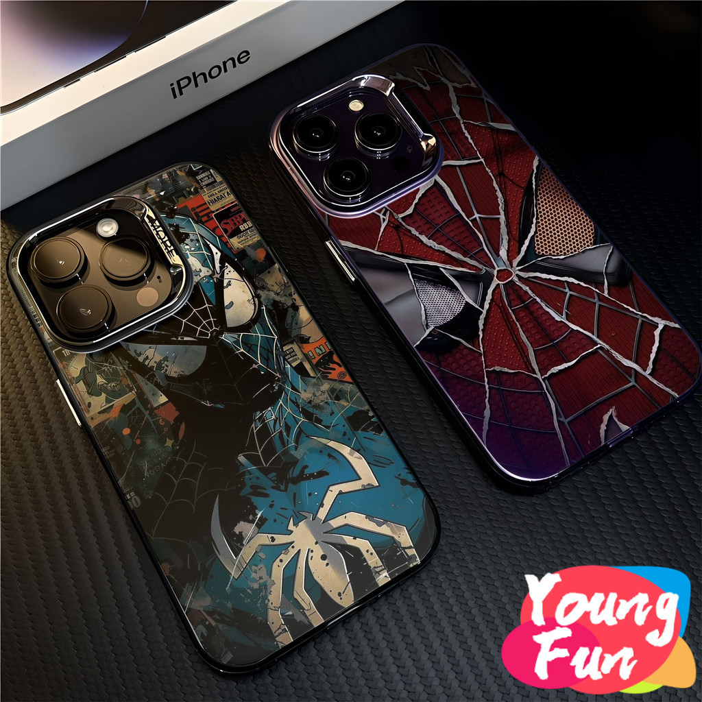 สไปเดอร์แมน เคสสําหรับiphone 15 Pro Max 14 XR 13 11 12 Pro Max 8 7 6 6S Plus X Xs Max Se 2020 13 12 11 แฟชั่นชุบโลหะCool Creativeแบรนด์อินเทรนด์เคสซิลิโคนอ่อนนุ่ม