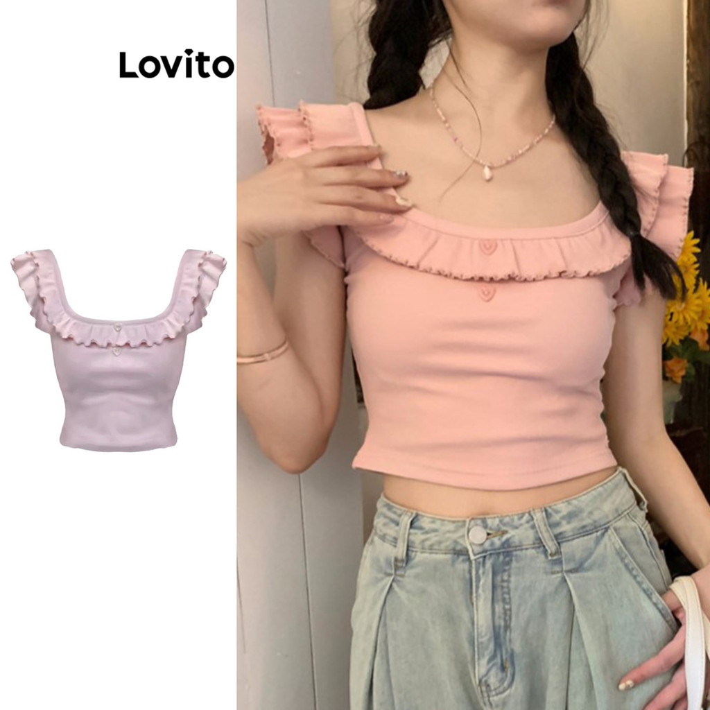 Lovito เสื้อยืดทรงจีบธรรมดาสำหรับผู้หญิง LNM74057