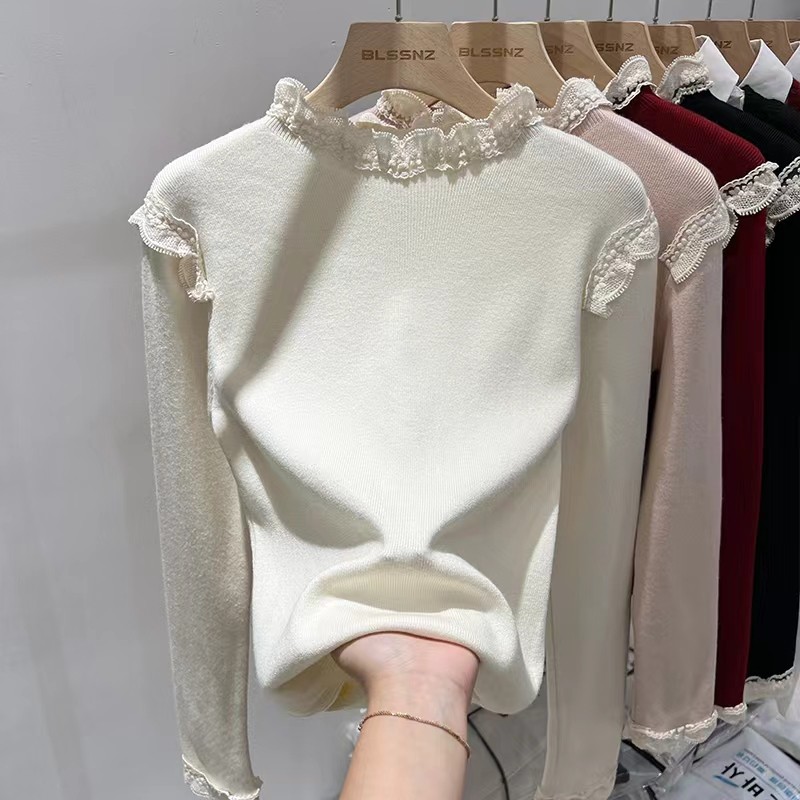 เสื้อสเวตเตอร์แขนยาวเย็บลูกไม้สำหรับผู้หญิงเสื้อตัวในคอปกสูงครึ่งเสื้อตัวในอารมณ์ฤดูใบไม้ผลิสำหรับผู้หญิง