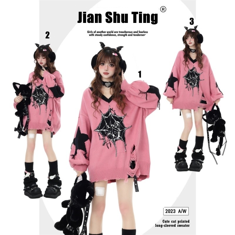 เสื้อสเวตเตอร์ฤดูใบไม้ร่วงและฤดูหนาวดั้งเดิมคอวีรักบริสุทธิ์ถักวงกลมหวานและเย็น crazygirl [Diablo หลวมสวมหัว] jtm9