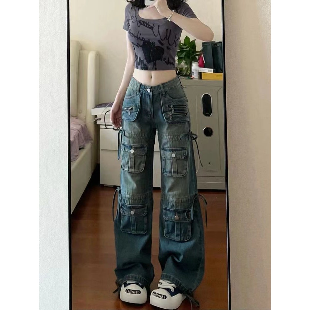 Slim FitinsRetro High Waist Autumn High Street Wear Loose Dopamine Women's Jeans New Mop Pants American Style
