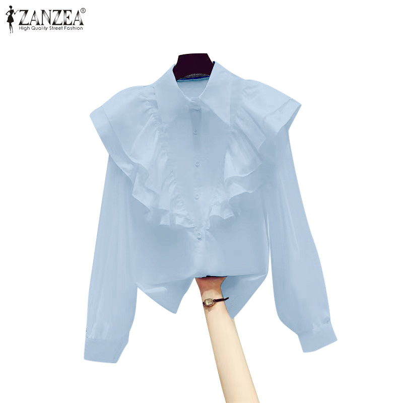 Zanzea เสื้อเชิ้ตสีทึบแขนยาวแฟชั่นเกาหลีสําหรับผู้หญิง