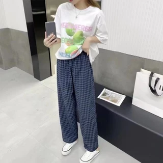 YY54 กางเกงลายสก็อต สไตล์เกาหลี ผู้หญิงเอวสูงยางยืด