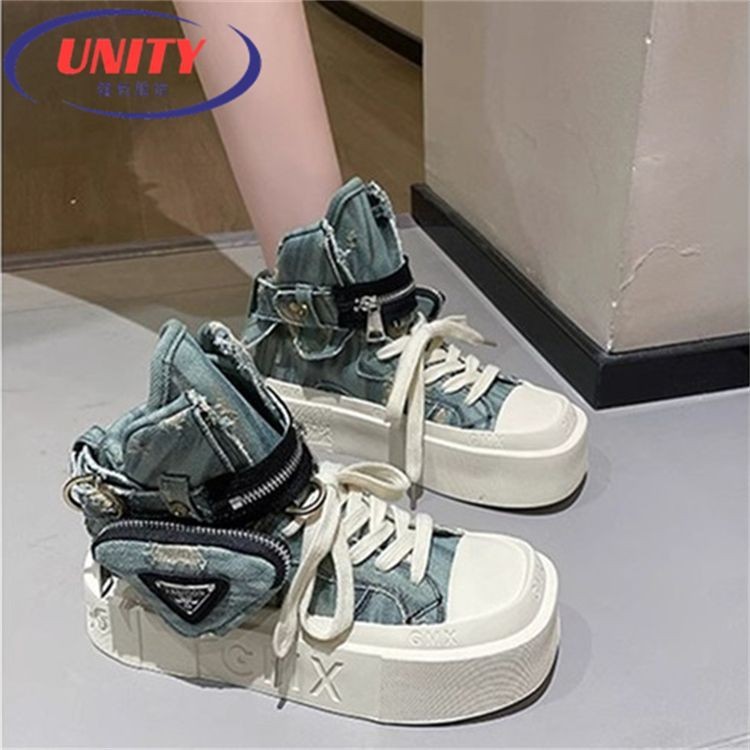 Denim High-Top รองเท้าผู้หญิง 2024 รองเท้าผู้หญิงสไตล์ใหม่ฤดูใบไม้ผลิฤดูร้อน Fried Street แฟชั่นแบรนด์ผ้าใบรองเท้าหนา Soled รองเท้าผ้าใบสบายๆ