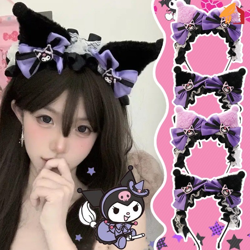 Kawaii Kuromi Plush ลูกไม้ Headhoops- Y2K Lolita แมวหูผม Band-สาวหวานการ์ตูนอะนิเมะคอสเพลย์ Party แถบคาดศีรษะ