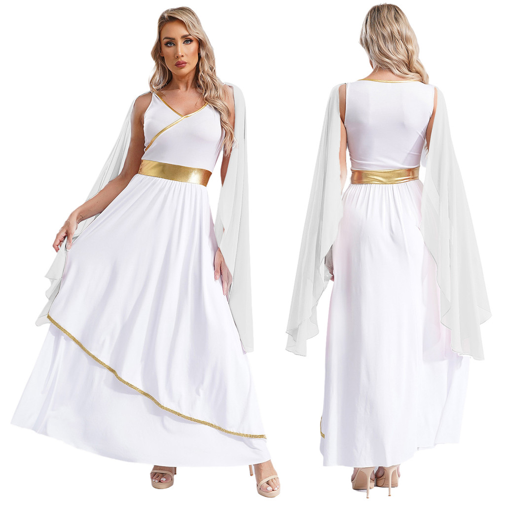 Yeahdor Womens White Roman Goddess Costume V Neck Sleeve Metallic Waistband Toga Dresses