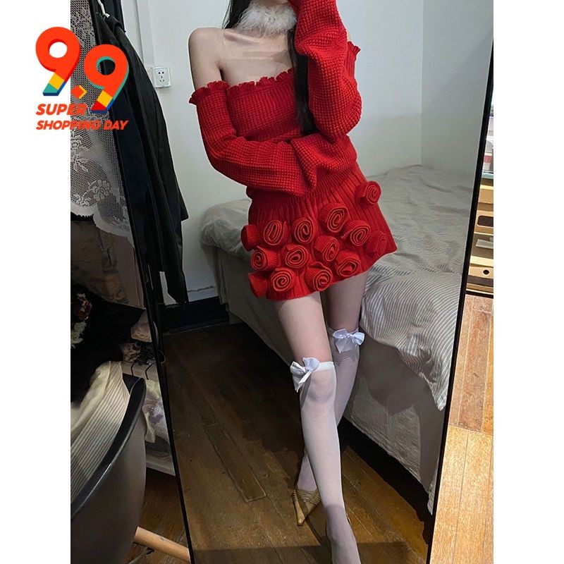 ชุดสองชุด 2023 ดีไซน์ใหม่สําหรับฤดูหนาว Christmas Christmas ถักสเวตเตอร์ที่ไหล่สีแดง + กระโปรงยาวครึ่งท่อน
