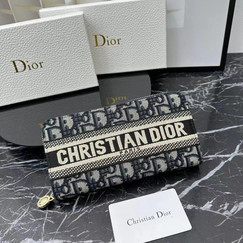 Dior2024 กระเป๋าสตางค์พิมพ์ลายหนังแท้น้ําหนักเบาผู้ชายสไตล์ยาวของขวัญกระเป๋าสตางค์หลายใบ