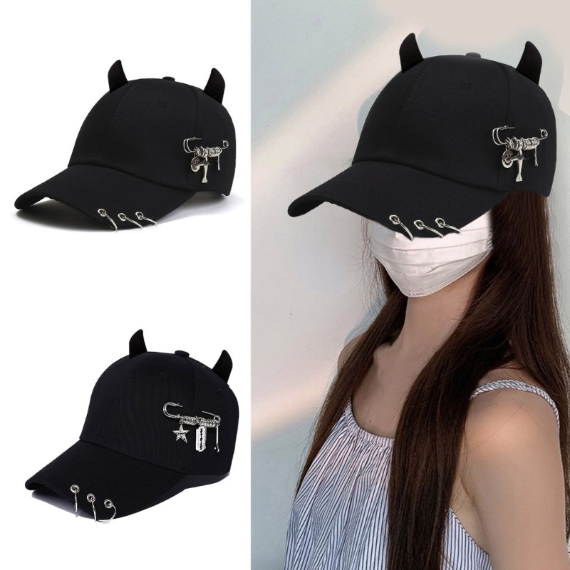 Whi Harajuku สาว Devil หมวกฮอร์นเบสบอลหมวก Eye Catching Travel Gathering Visor หมวกสําหรับขี่จักรยาน