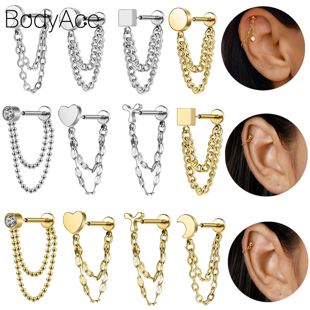 Bodyace 1 Pc Stianless ต่างหูเหล็ก 16G เจาะหู Plug In สไตล์สตั๊ดต่างหูโซ่หูสตั๊ด Gold Body Piercing