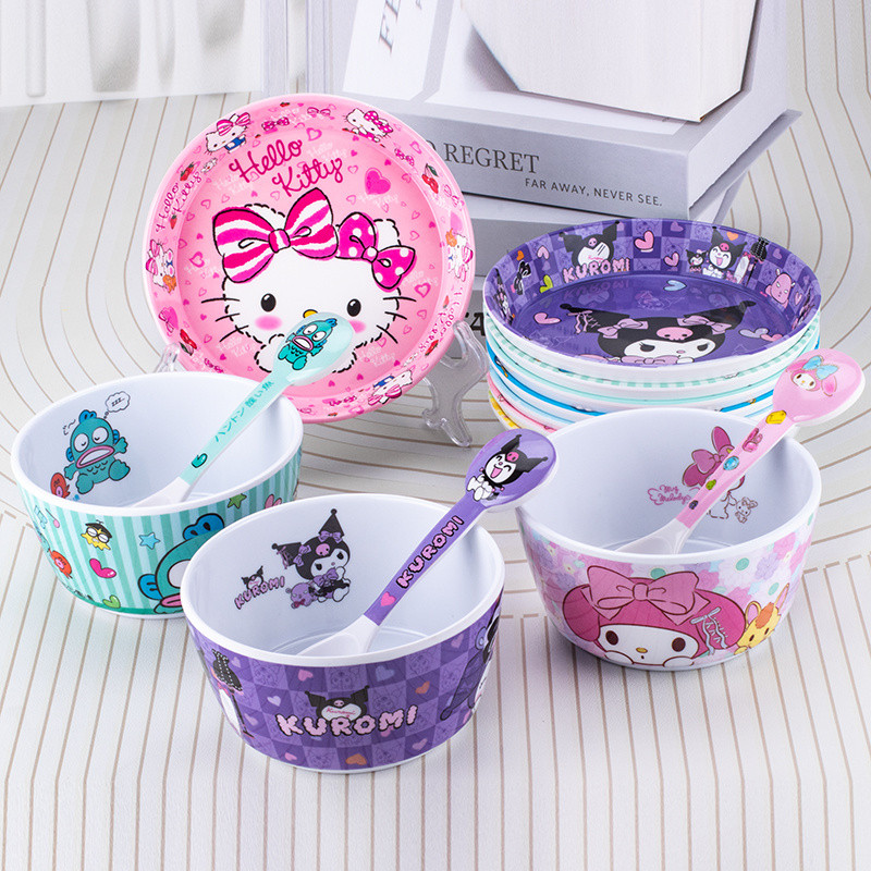 ชุดเครื่องใช้บนโต๊ะอาหารเด็ก ชามการ์ตูนคุโรมิ ชามอาหารเด็ก Sanrio ชามให้อาหารเด็กในห้องรับประทานอาหาร ชามเด็กพิเศษกันตกน่ารัก