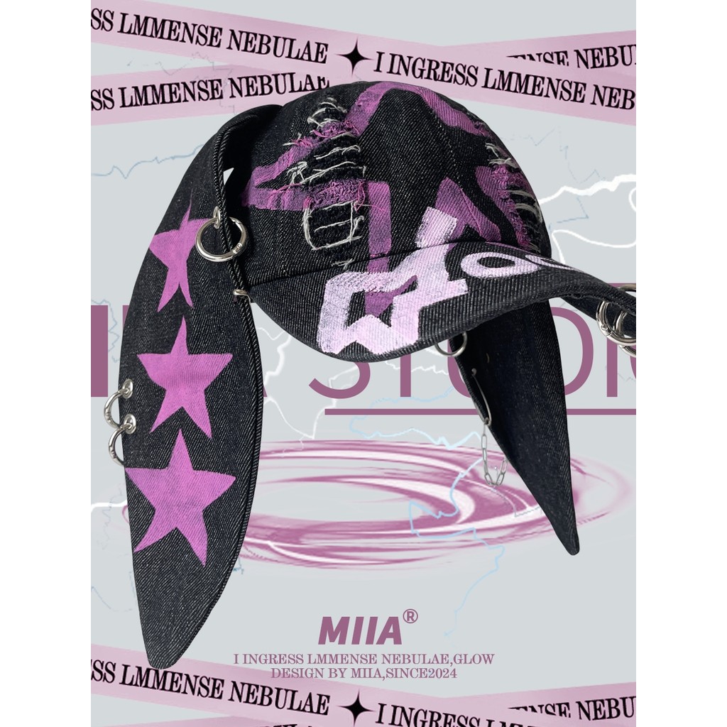 Niche Design American Graffiti Punk y2k คาวบอย Ripped กระต่ายหูโซ่หมวกเบสบอลหมวก