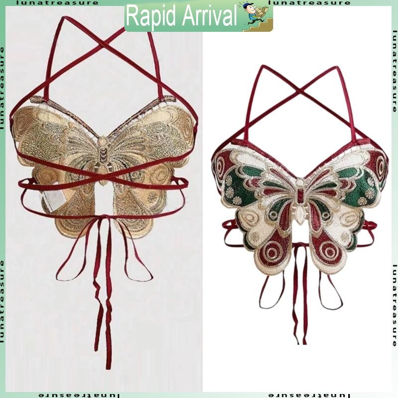 Lun ผู้หญิงผีเสื้อเย็บปักถักร้อย Halterneck Crop Top Crisscross Tie Backless Strappy Camisole เสื้อกั๊กเทศกาล Beach Bras