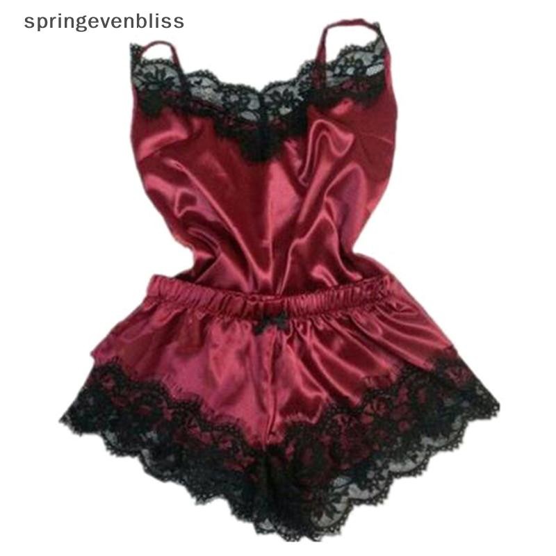 Springevenbliss ผู้หญิงชุดนอนสายคล้องคอชุดนอนลูกไม้ Trim Sa Cami Top ชุดนอนชุด Springevenbliss