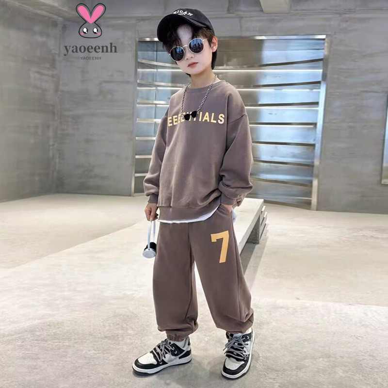 【YAOEENH】120-170 ซม.ฤดูใบไม้ผลิฤดูใบไม้ร่วงชายรอบคอตัวอักษรแขนยาวชุดกีฬากลางเด็กใหญ่แฟชั่นเสื้อกันหนาว กางเกงวอร์ม ชุดสองชิ้น