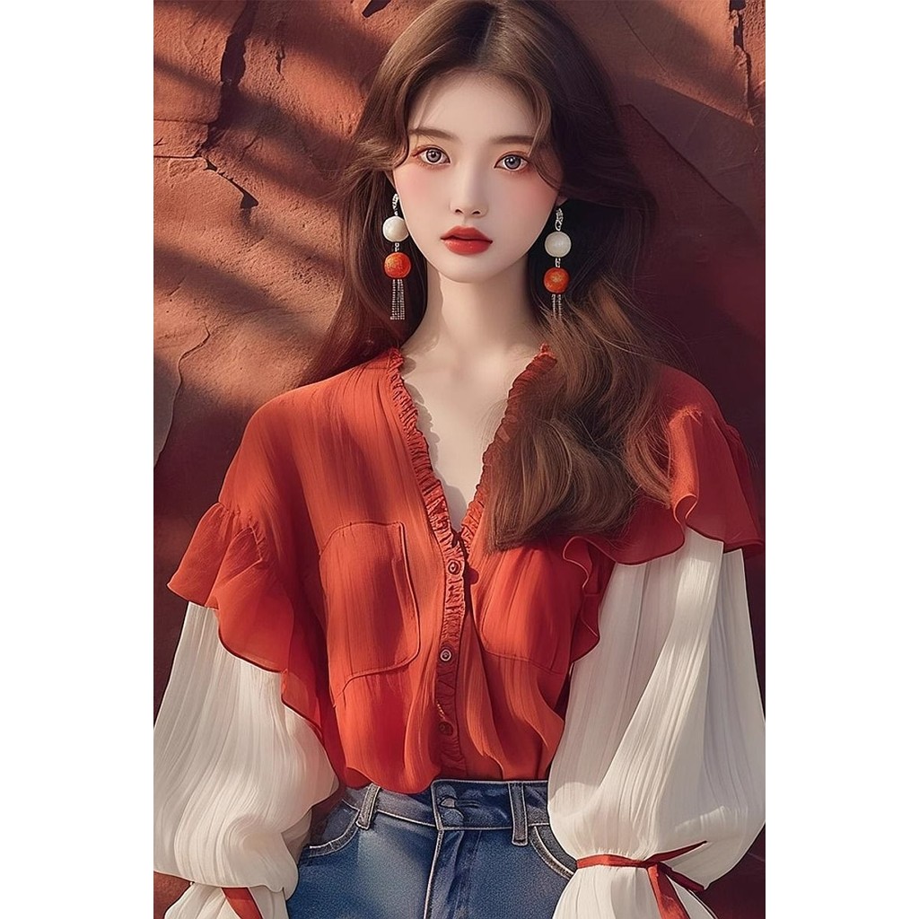 ใหม่สไตล์วิทยาลัยเกาหลีเก๋มีเอกลักษณ์สวยสีแดงผู้หญิงแขนพัฟลูกไม้ขึ้นเสื้อคอวี - รูปที่ 2