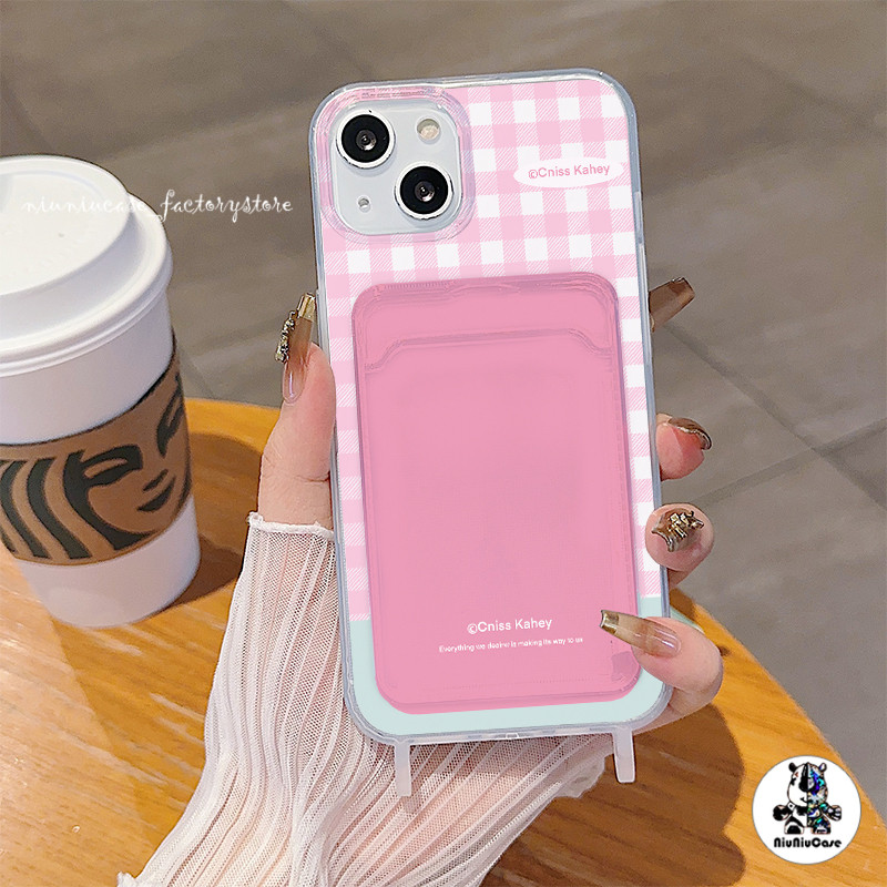 สำหรับ iPhone 11 เคสใส่การ์ดเคส ทีพียูซอฟท์เคลียร์ เคสใส่การ์ด ลายสก๊อตสีชมพู For iPhone 14 13 12 11 15 Pro Max 7P XR XS
