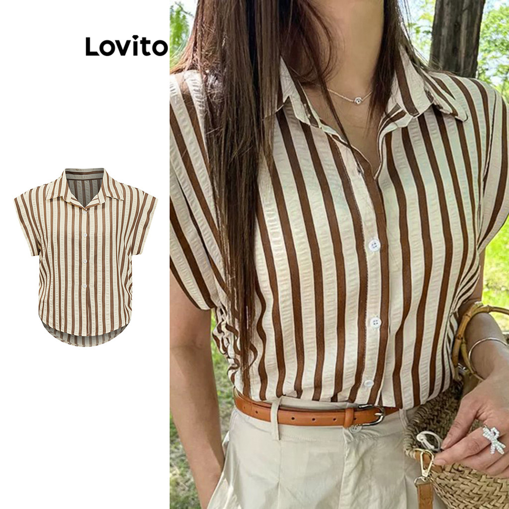 Lovito เสื้อเบลาส์ผู้หญิง ลายตารางกิงแฮม จีบย่น สไตล์ลำลอง L92MD967