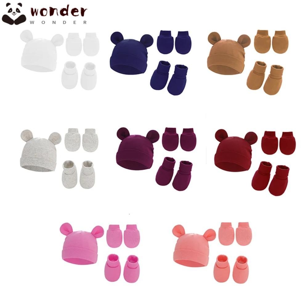 สิ่งมหัศจรรย์ 1เซ็ตถุงมือเด็กทารก,ผ้าฝ้ายนุ่มป้องกันเกาหมวกเท้าปกชุด,สีทึบน่ารักหูอบอุ่นไม่รอยขีดข่วนถุงมือถุงเท้าทารกแรกเกิด