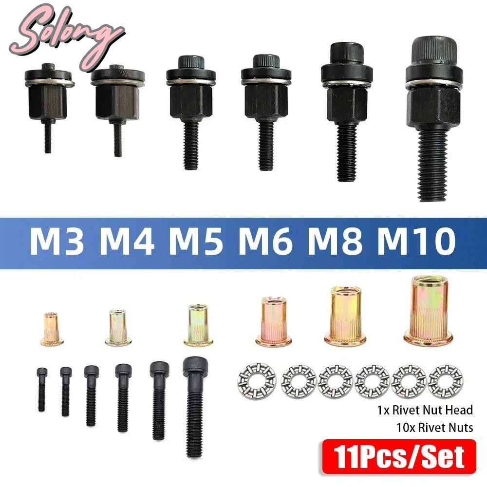 Solong 11 ชิ้น/เซ็ต Hand Rivet Nut, Mandrel Staple ติดตั้งง่ายคู่มือ Riveter เครื่องมือ,พร้อม Rivet Nuts สําหรับ Rivet Nut ไฟฉาย M3 M4 M5 M6 M8 M10 หัว Rivet ชุดเครื่องมือ