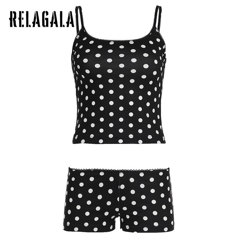 Relagala ผู้หญิง 2024 Contrast สี Polka Dot องค์ประกอบ Basic ชุดลําลอง Halter Slim สลิงเสื้อกั๊กขนาดเล็กกางเกงขาสั้นเอวต่ํา
