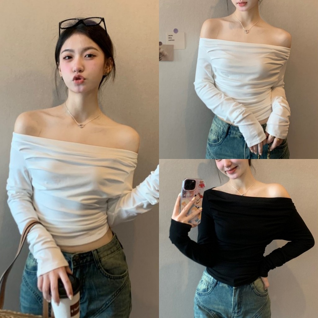Beryl เสื้อตัวในจีบบริสุทธิ์สำหรับผู้หญิงเสื้อเปิดไหล่สำหรับสาวฮอตเข้ารูปแบบใหม่