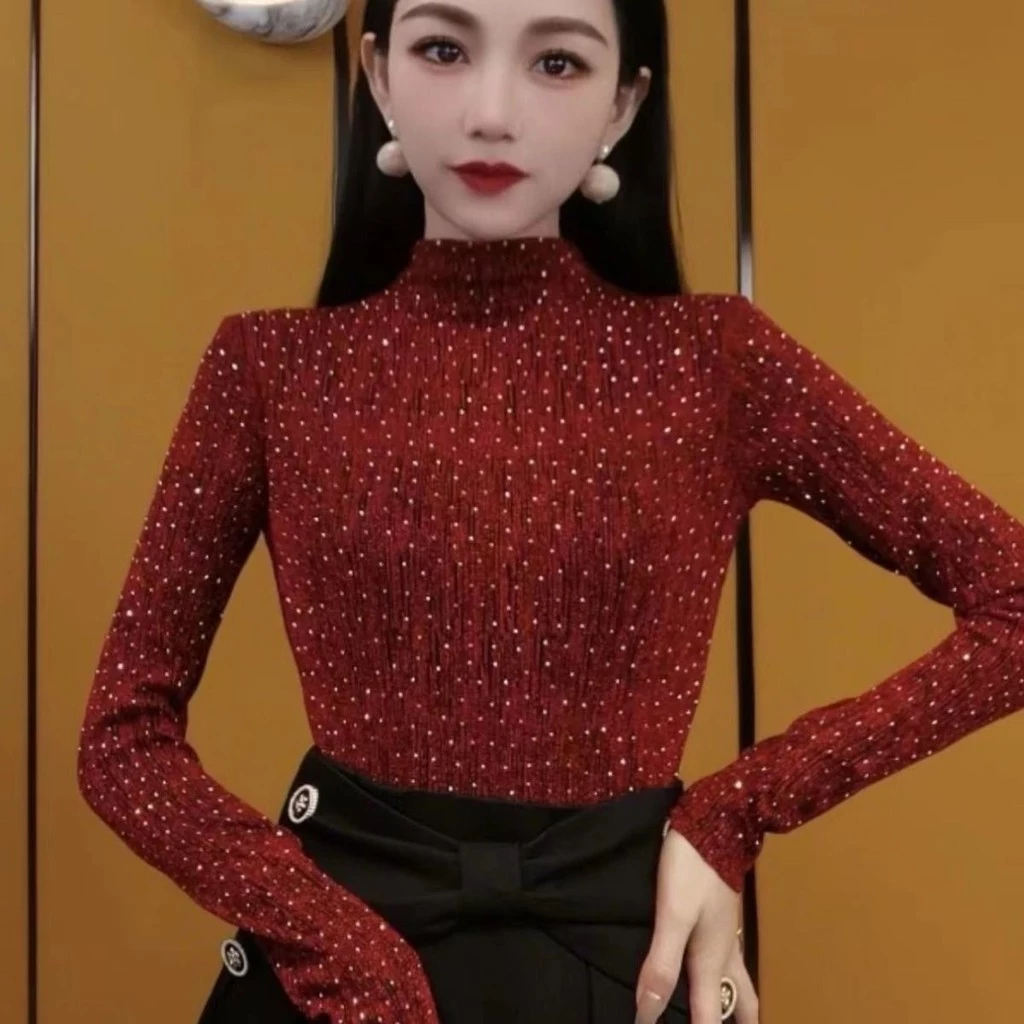 สไตล์เกาหลีแฟชั่นผ้าไหมสดใสปั๊มร้อนเพชรสลิมฟิตและกระชับสัดส่วนแขนยาวเสื้อยืดด้านบน