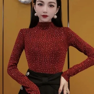 สไตล์เกาหลีแฟชั่นผ้าไหมสดใสปั๊มร้อนเพชรสลิมฟิตและกระชับสัดส่วนแขนยาวเสื้อยืดด้านบน