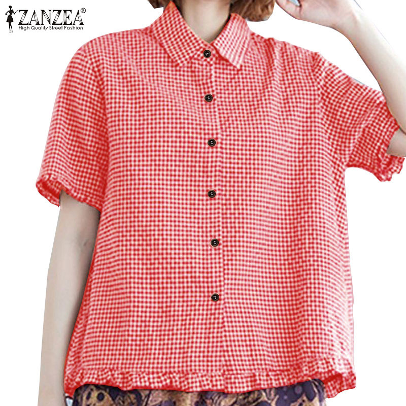 Zanzea เสื้อเชิ้ตแขนสั้นผู้หญิงแฟชั่นเกาหลีตารางพิมพ์ลาย Turn-Down-Collar