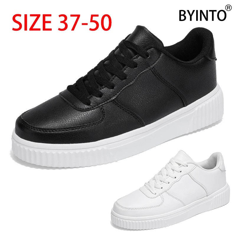 ขนาดใหญ่ 37-50 คู่กีฬารองเท้าวิ่งหนังกันน้ําผู้ชายรองเท้าผ้าใบ Super Light Anti-Slip Flat Sole ผู้หญิงสเก็ตบอร์ดรองเท้าเดินแข็งแรง Trainers สีดําสีขาว