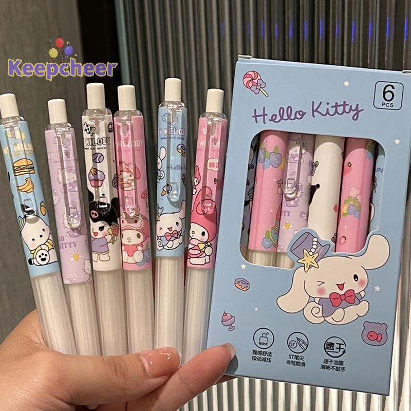 [Keepcheer] 6 ชิ้น Sanrio Hello Kitty ปากกาเจลน่ารักการ์ตูน Kuromi Melody Cinnamoroll รูปลักษณ์สูงกดปากกาอุปกรณ์การเรียนของขวัญสาวและเด็ก [ใหม่]