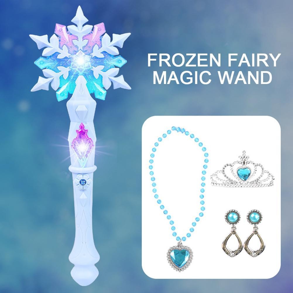 Frozen Fairy Light Sound Magic Wand พร้อมมงกุฎสร้อยคอต่างหูแกล้งเล่นชุดของเล่น K2j3
