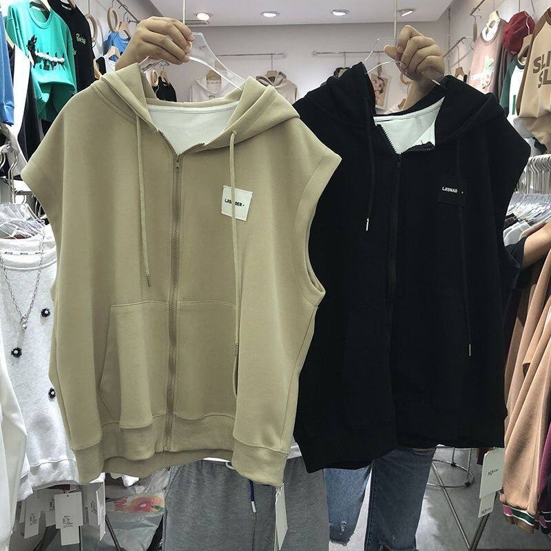 เสื้อกั๊กมีฮู้ดมีฮู้ดมีฮู้ดสําหรับผู้หญิงฤดูใบไม้ผลิและฤดูใบไม้ร่วงซิปเสื้อยืดแขนกุดลําลองด้านบน