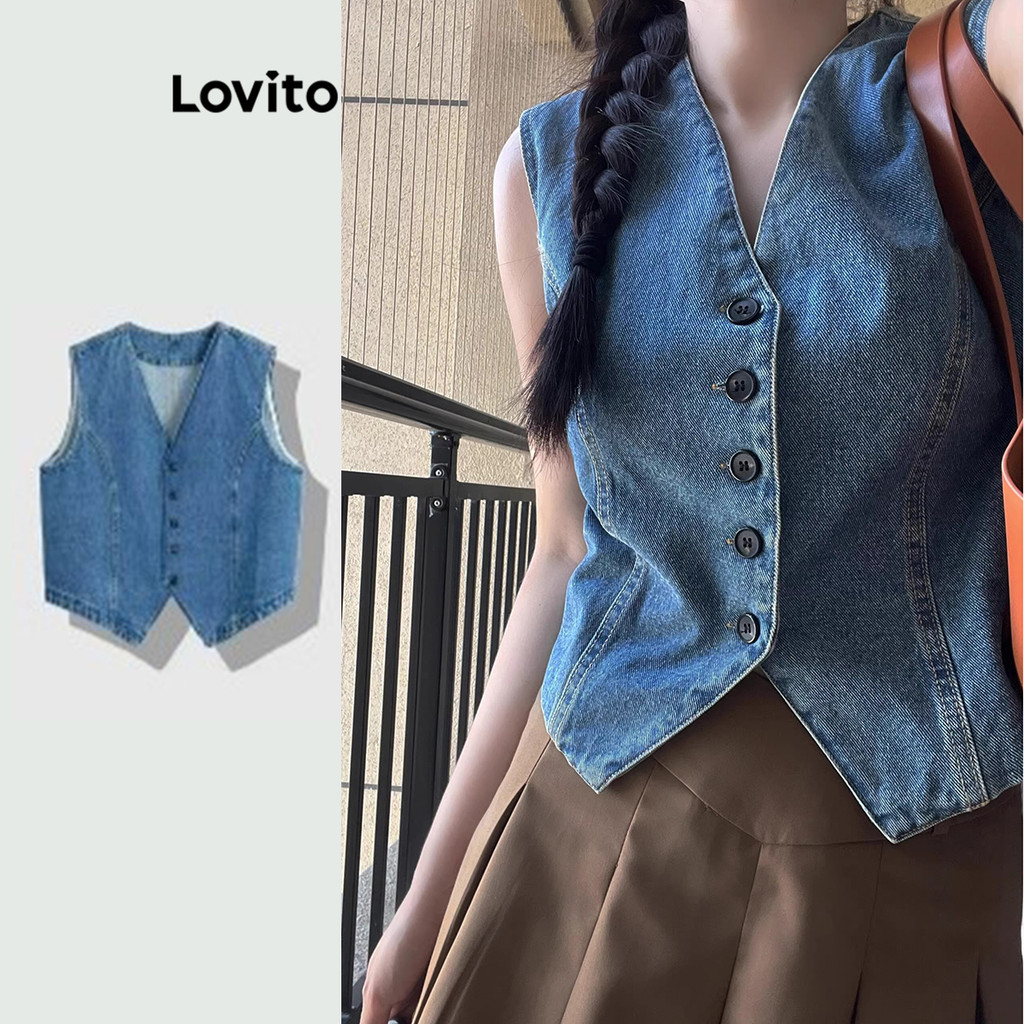 Lovito เสื้อแจ็คเก็ตยีนส์ผู้หญิง มีกระดุม สีพื้น สไตล์ลำลอง LNM67205