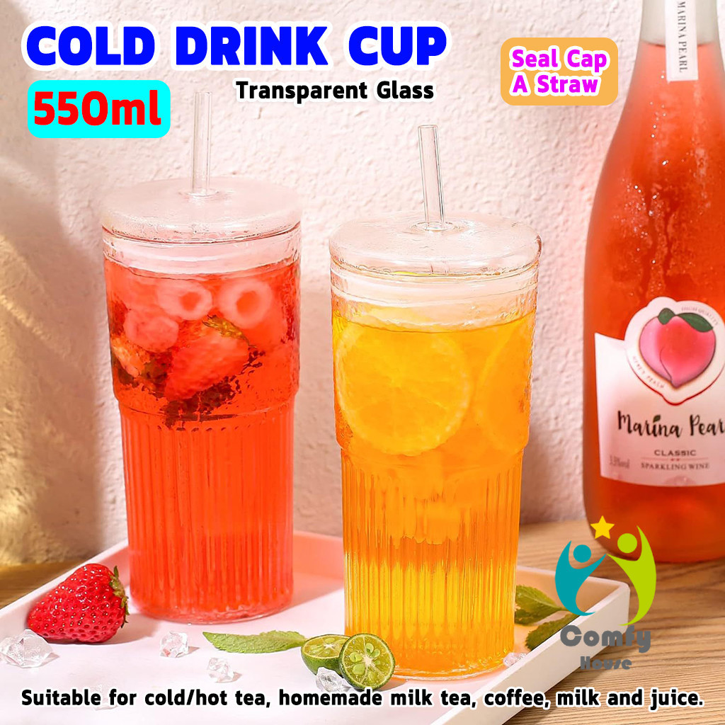 Comfy แก้วน้ำเย็นลายทางแนวตั้ง 550ml พร้อมฝาปิด+หลอด เรียบง่ายแต่สวยงาม ชงเครื่องดื่มสะดวก Cold drink cup