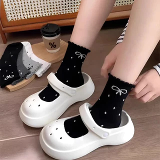 ในไทย-พร้อมส่ง✨ถุงเท้าแฟชั่น Bowknot ลายจุดลูกไม้ น่ารักหวาน สไตล์เกาหลี นักเรียนสำหรับผู้หญิง ความยืดหยุ่นสูง JK Lolita