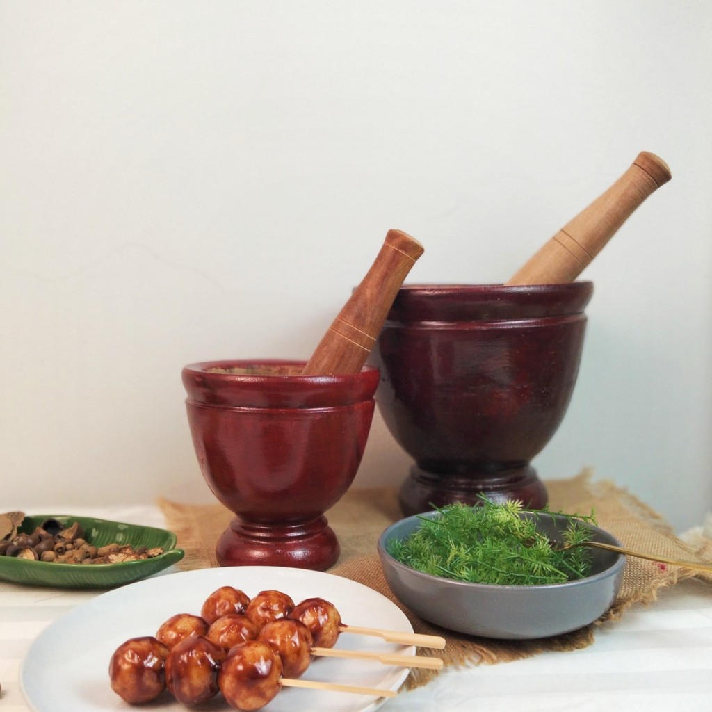 ครกไม้ พร้อม สากไม้ ครกไม้ส้มตำ  ครกส้มตำไม้ 3 นิ้ว - 10 นิ้ว มีหลายขนาด ทนทาน ไม้จามจุรี