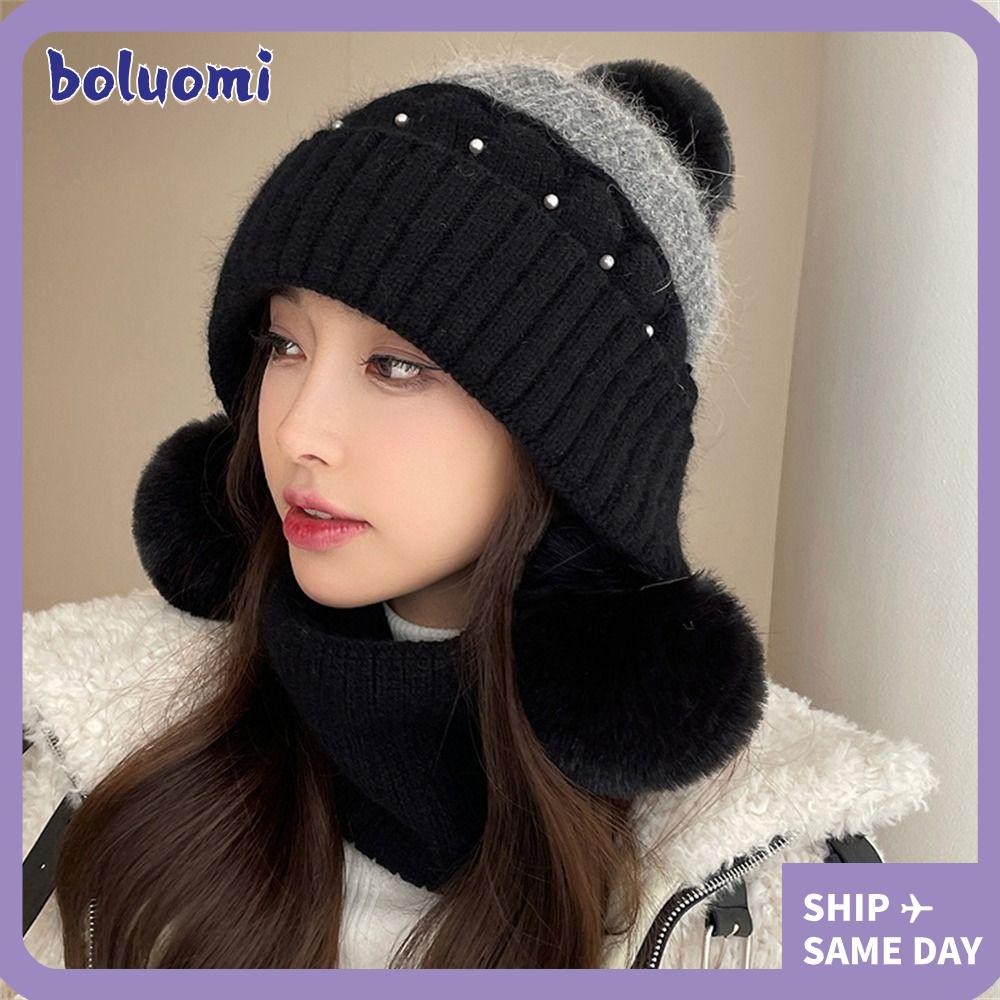 Boluomi Bonnet Caps, หมวกถักกันหนาวกันลม, Casual Warm Thicken Beanies สําหรับขี่กลางแจ้ง