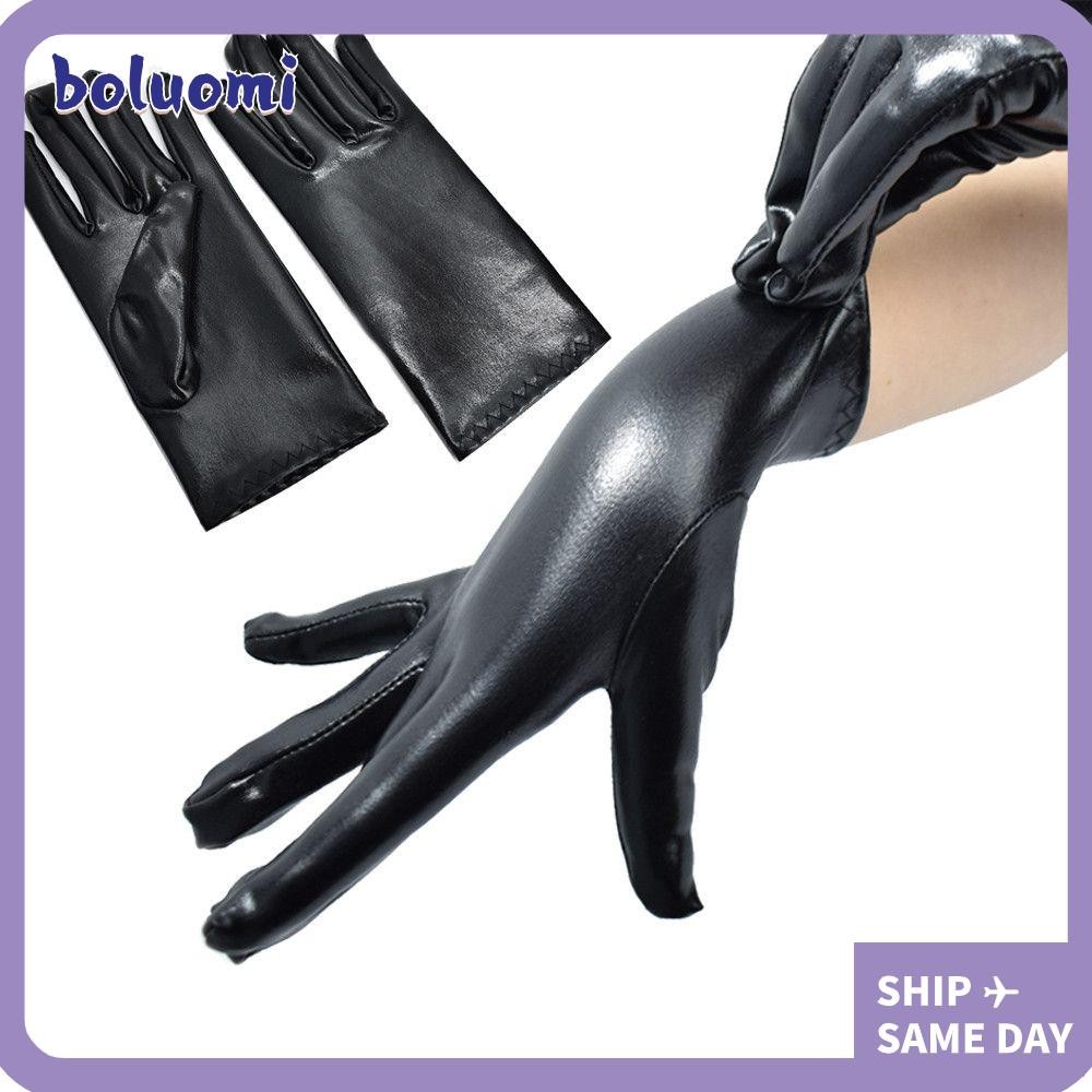 Bolumi ถุงมือสีดํา Gothic Punk คอสเพลย์ PU Mittens Dress Up
