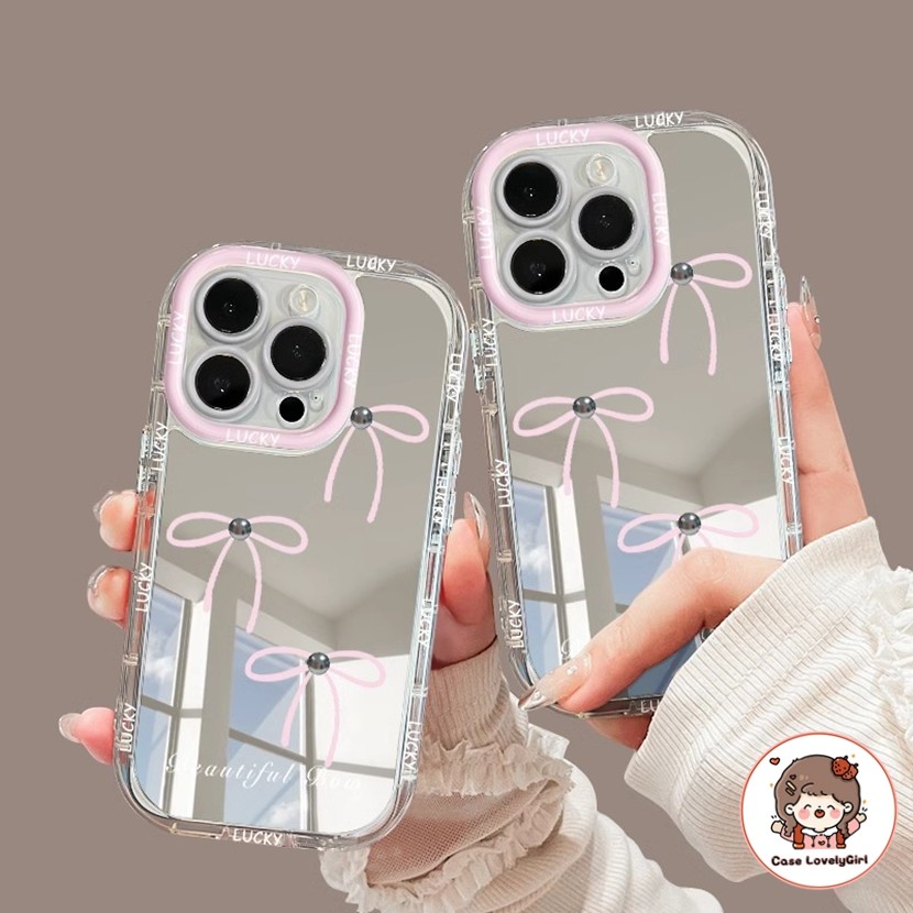 เข้ากันได้สำหรับ เคสไอโฟน เคสไอโฟน โบว์สีชมพู เคส IPhone 16 15 11 13 14 12 Pro Max XR 7 8plus Xs Max Luxury Mirror Case