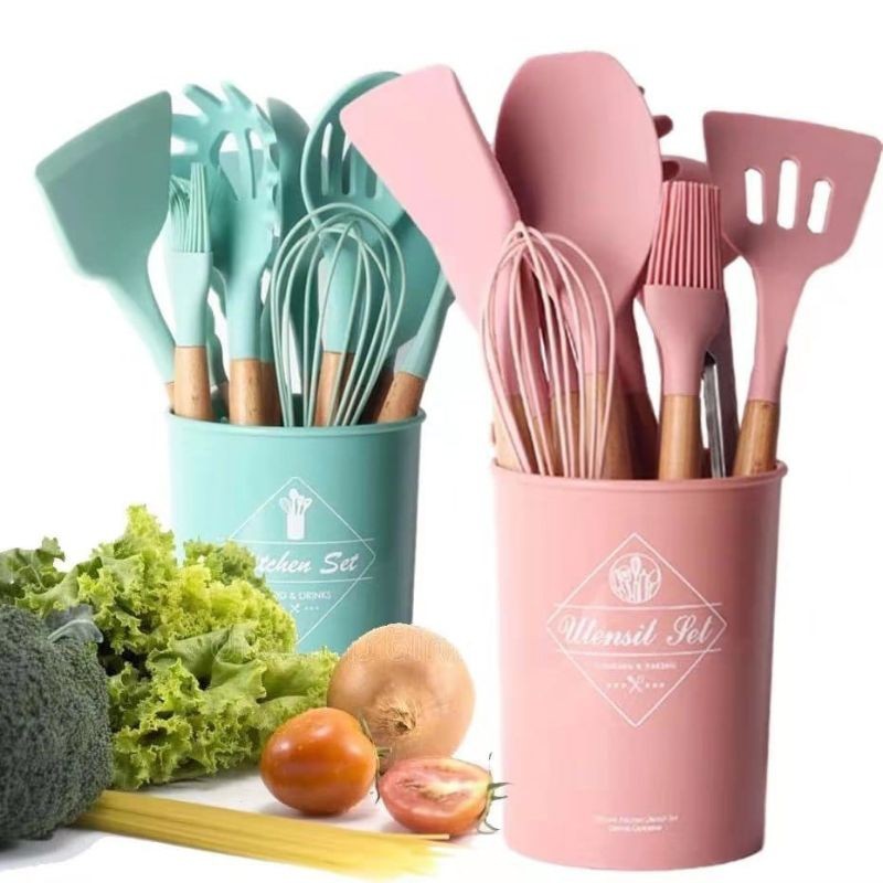 SILICONE UTENSILS SET 11 ชิ้น + ไม้พาย / การทําอาหาร UTENSILS SUTIL WOODEN HANDLE BAKING ชุดทําอาหาร