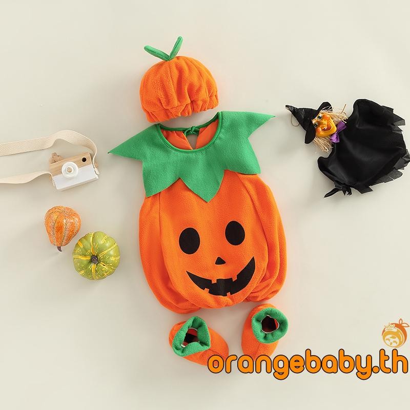 Oraby-ชุดรอมเปอร์คอกลมแขนกุดรูปฟักทองสำหรับเด็กชายและเด็กหญิง พร้อมหมวกและรองเท้า 1 คู่