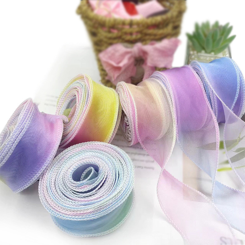 10 หลา 4 ซม.Gradient Rainbow Organza ริบบิ้นชีฟอง Fishtail เส้นด้ายริบบิ้นดอกไม้ช่อดอกไม้บรรจุภัณฑ์ Organza ริบบิ้นแบบมีสายคริสต์มาสงานแต่งงานตกแต่งเบเกอรี่ห่อของขวัญ