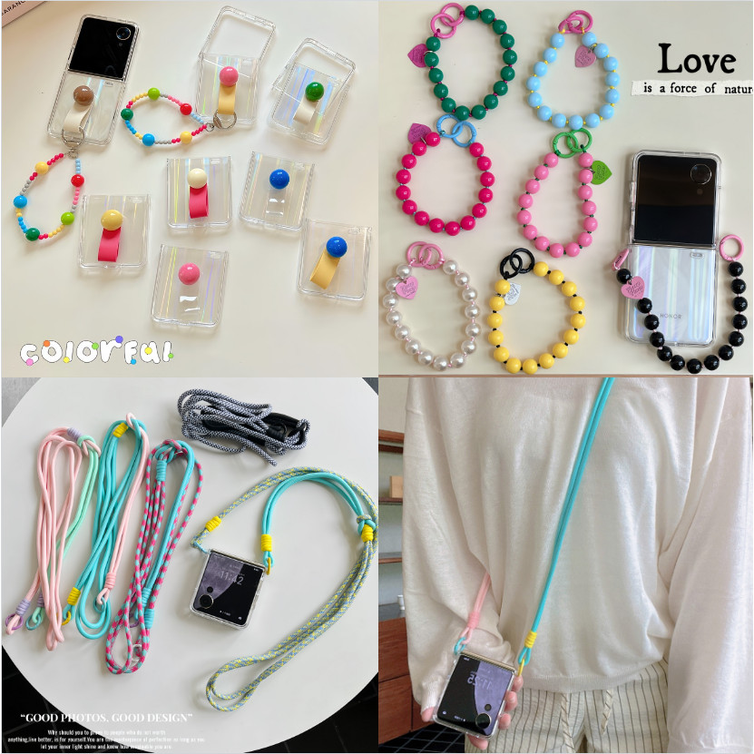 สําหรับ Xiaomi MIX Flip HONOR Magic V Flip พับหน้าจอโทรศัพท์มือถือกรณี Simple สีเลเซอร์ PC เคสแข็ง Crossbody lanyard พร้อมแหวนหัวเข็มขัดสีสันสดใส