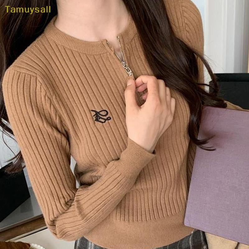 [TAMU] Preppy Style Retro Zipper Round Neck Tops Long Sleeve Casual ถักเสื้อกันหนาว YSA