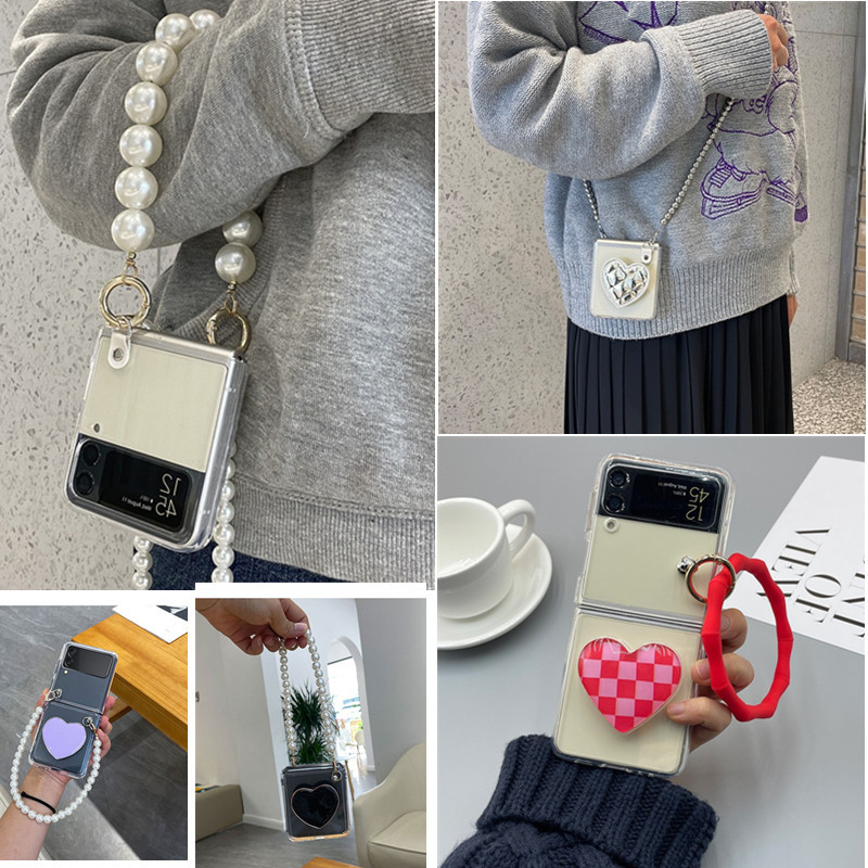 Luken โปร่งใสน่ารักสร้อยข้อมือมุก Crossbody Chain ผู้ถือสําหรับ Samsung Galaxy Z FLIP 6 5 4 3 2 1 กร