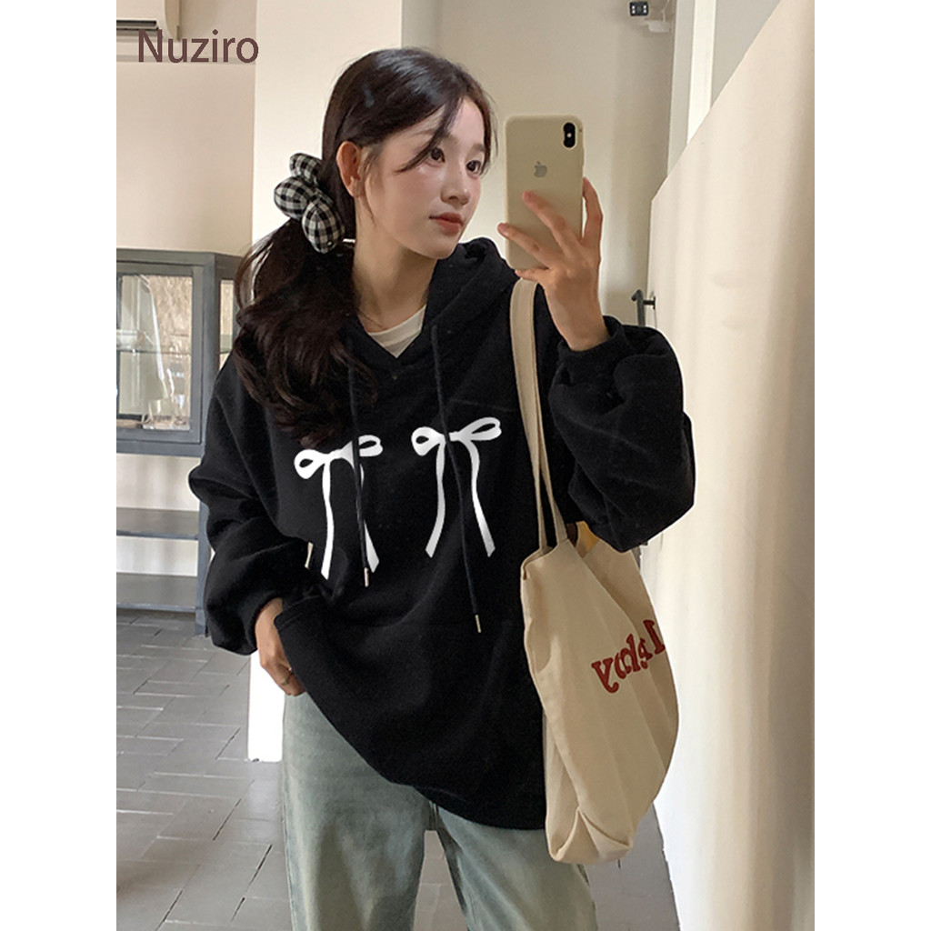Nuziro Loose Fit Hoodie - โบว์แฟชั่นที่เรียบง่ายพิมพ์เสื้อฮู้ดแขนยาว #B105