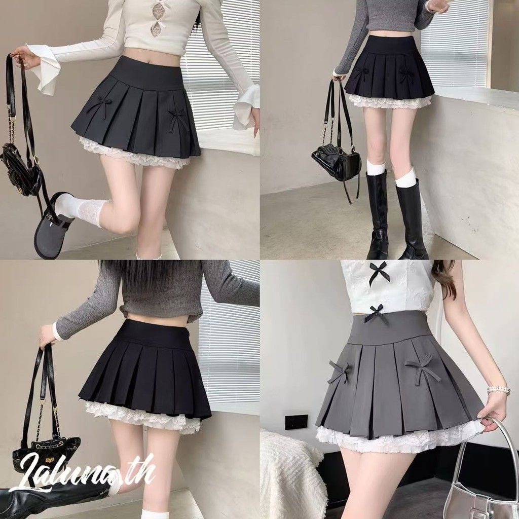 Lln🍑พร้อมส่ง🍑ใหม่ขายร้อนสีดำสไตล์วิทยาลัยผู้หญิงเอวสูง A-Line กระโปรงจีบ (สามสี)กระโปรงทรงเออัดพลีทแผงลูกไม้