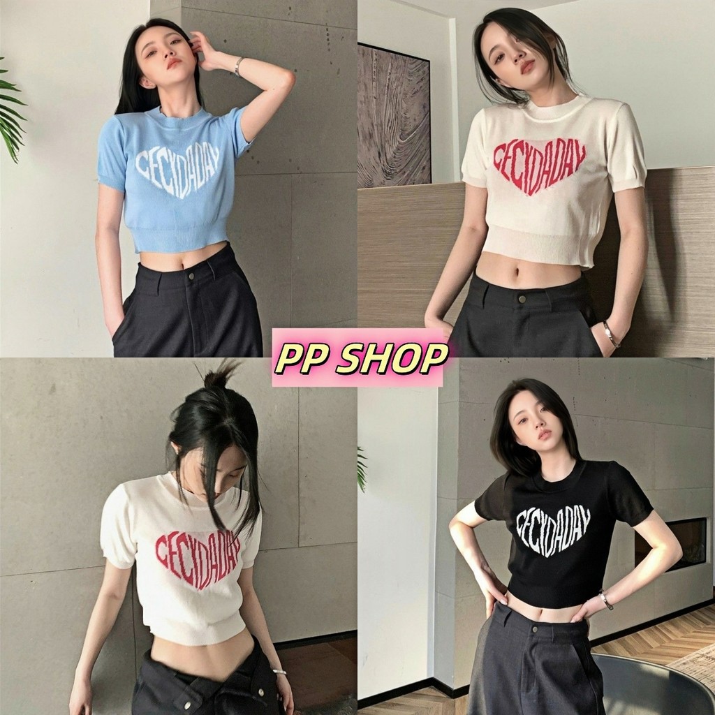 PP Shop​ ​พร้อมส่ง เสื้อยืด คอกลม ใส่สบาย เสื้อไหมพรม เสื้อครอป สไตล์ลำลอง สไตล์เกาหลี ตัวอักษรรูปหัวใจ#66050
